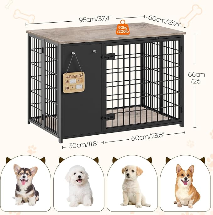 Foldable Dog Crate Furniture, Dog Crate with DIY Frame, Heavy Duty Dog Kennel Indoor with Hooks, Wooden Dog Cage End Table, for Small/Medium Dogs, Greige DC95BG