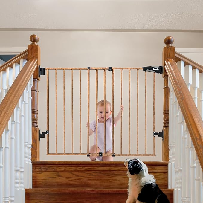 Babelio Baby Gate for Stairs, Kitchen & Doorways, No Bottom Bar| Easy Installation| One-Handed Operation| Auto-Close| Hardware Mount (Drill Needed) Safety Dog Gate (Brown Wood Pattern - B17, 29-40")