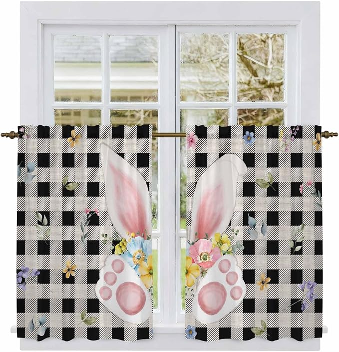 Easter Kitchen Tier Curtains 45 Inch Long 2 Panel Set, Rod Pocket Short Window