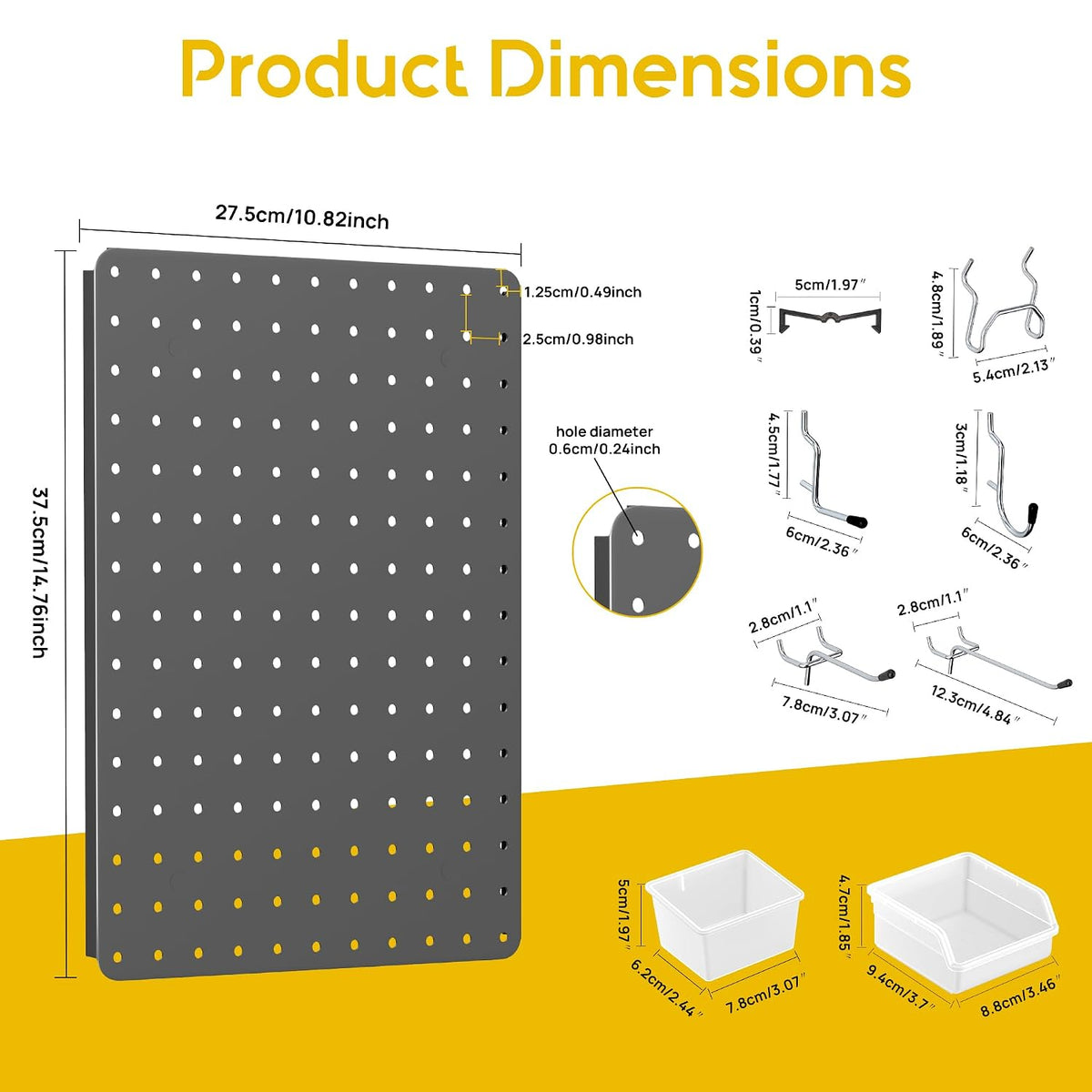 Pegboard Organizer Kit, 6 Pack 12 x 16 in Steel Metal with 6 Bins, Gray