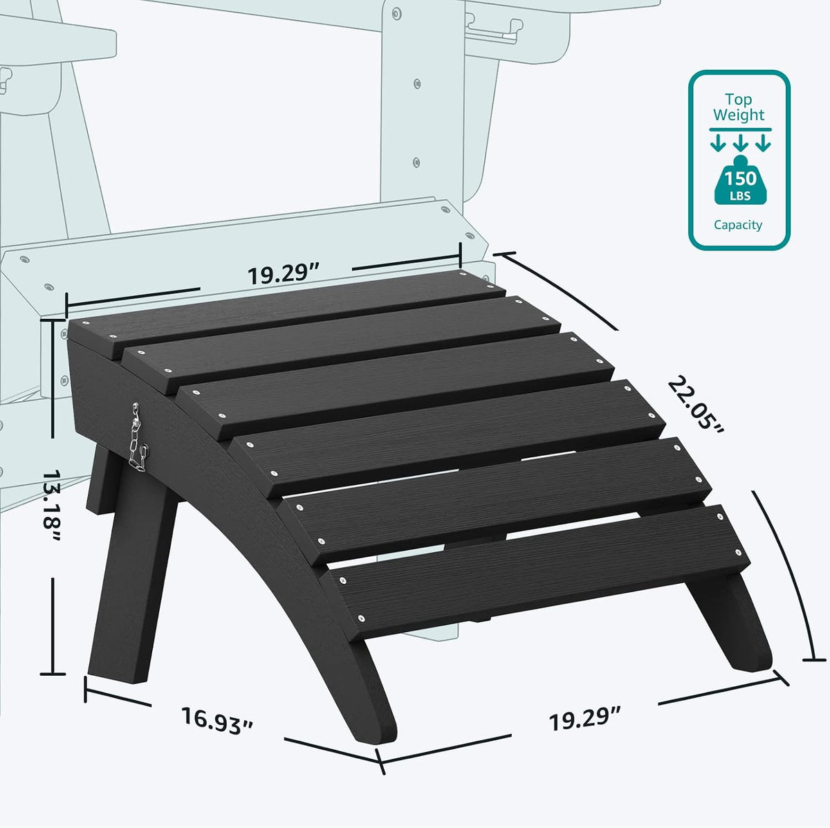 SERWALL Folding Adirondack Ottoman, No-Assembly Outdoor Footrest, All Weather Use Patio Footstool for Adirondack Chair, Black