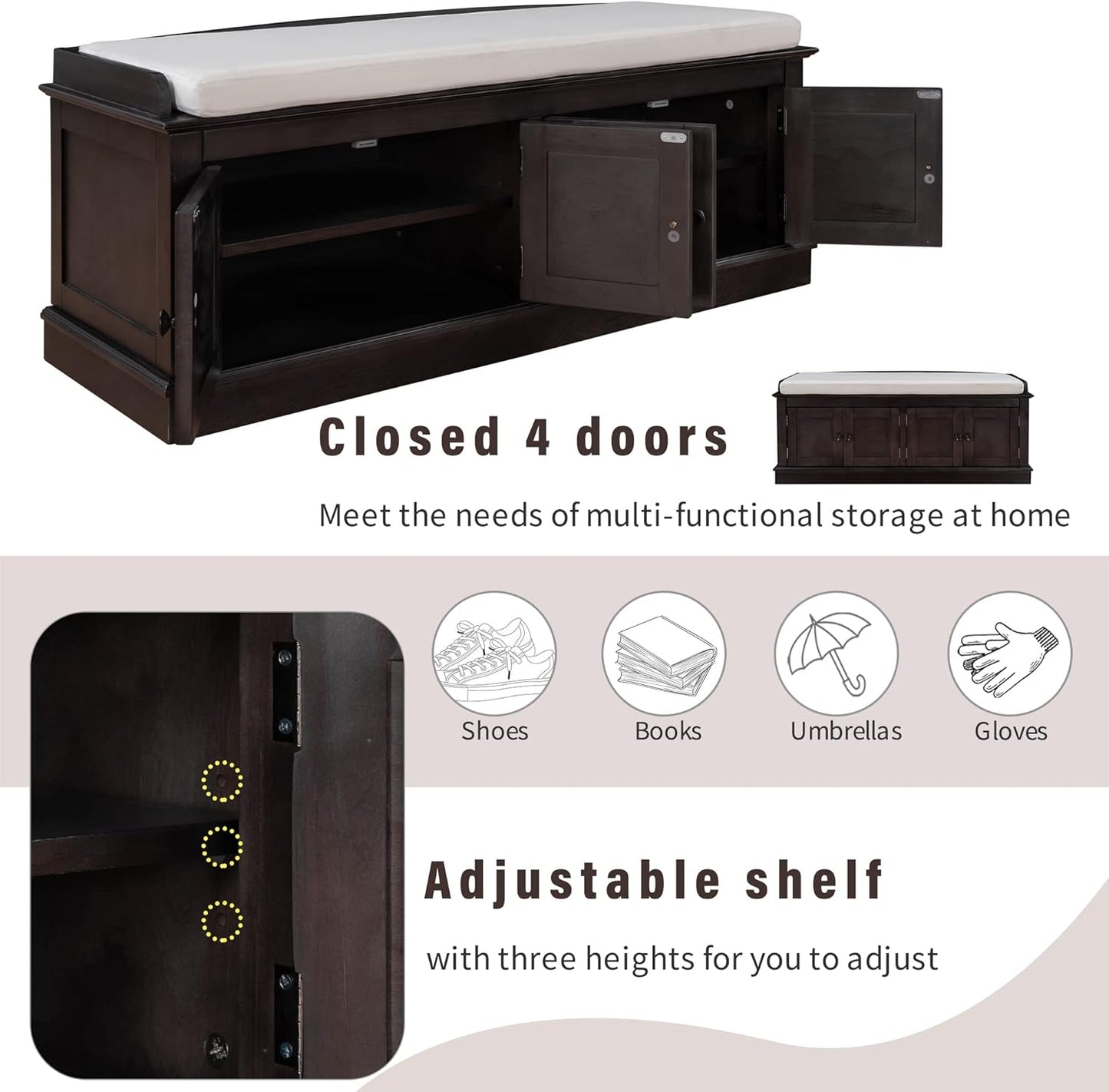 Shoe Storage Bench with 4 Doors and Adjustable Shelves, Shoe Bench with Removable Cushion for Living Room Entryway 42.7" L * 16" W * 17.4" H Espresso