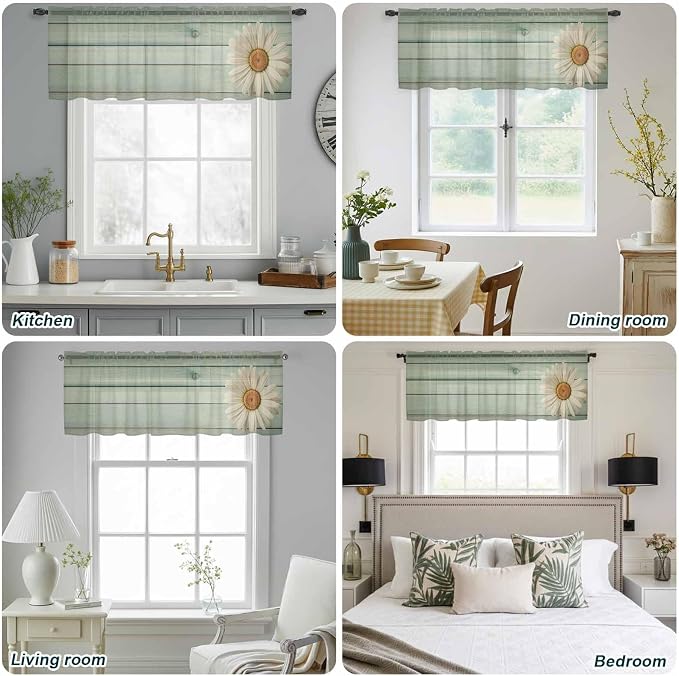 Daisy Flower Sheer Valances for Windows 42"x12", Light Filtering Kitchen