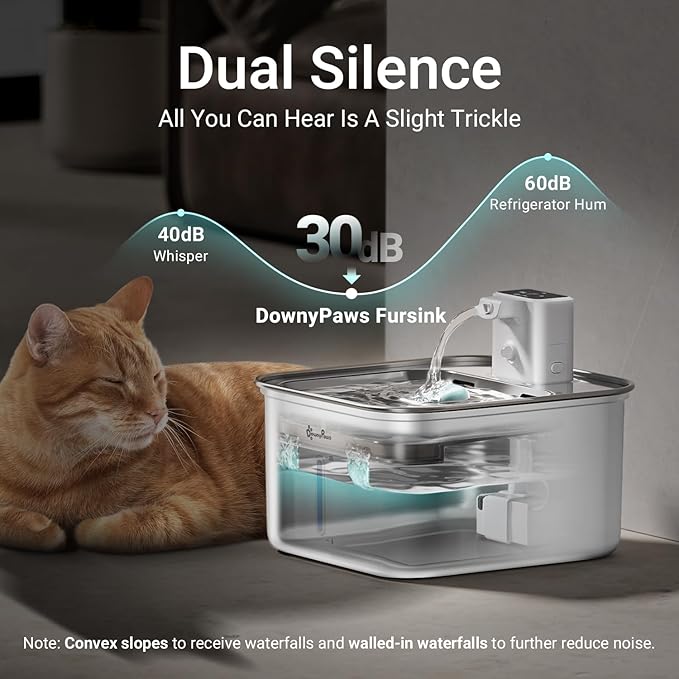 DownyPaws Cat Water Fountain Stainless Steel Wireless, 101 oz/3L FurSink Cordless Water Fountain for Cats, Battery Operated Cat Fountains for Drinking with Motion Sensor, Easy Clean, White