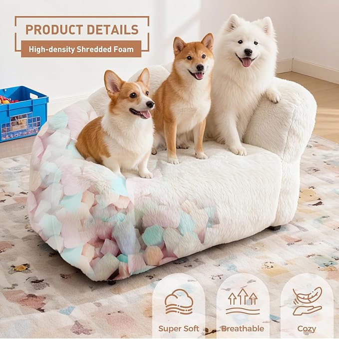 51 Inch Dog Sofa Couch for Large Medium Dogs up to 130 Lbs, Memory Foam Pets Sofa with Faux Fur Fabric Beige