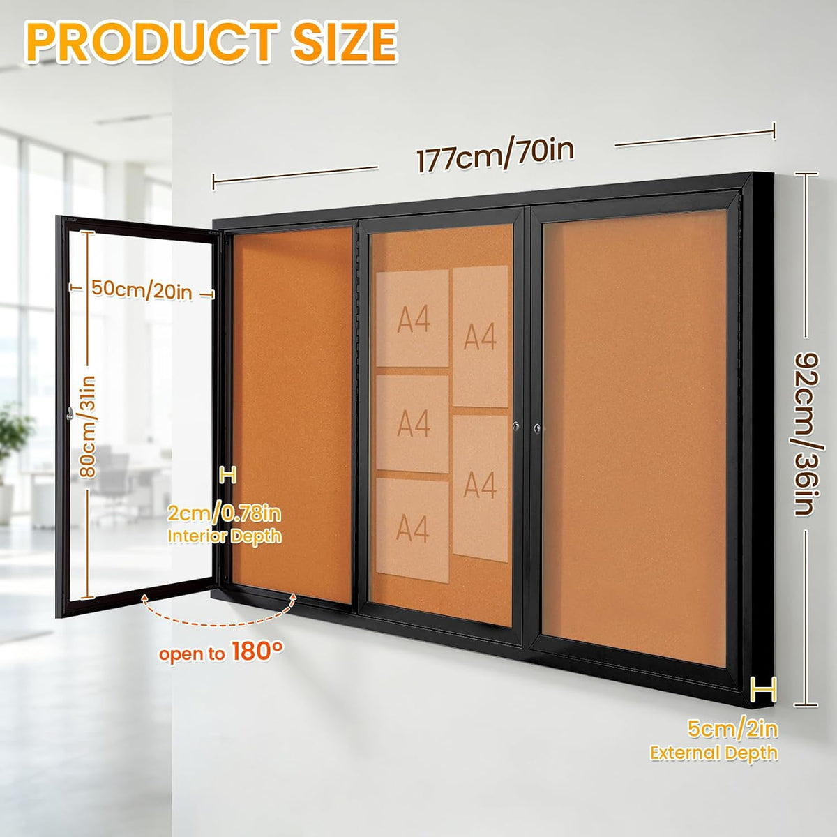 70x36 in Enclosed Bulletin Board Outdoor Cork Board Display Case, Black