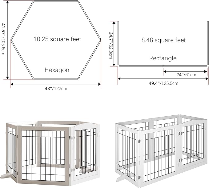 Vantas Folding Pet Gate 144" Wide, 30" Tall No-Assembly Wooden Dog Gate with Door Walk Through, Freestanding Wire Pet Gate, Pet Puppy Safety Fence, with 2PCS Support - White