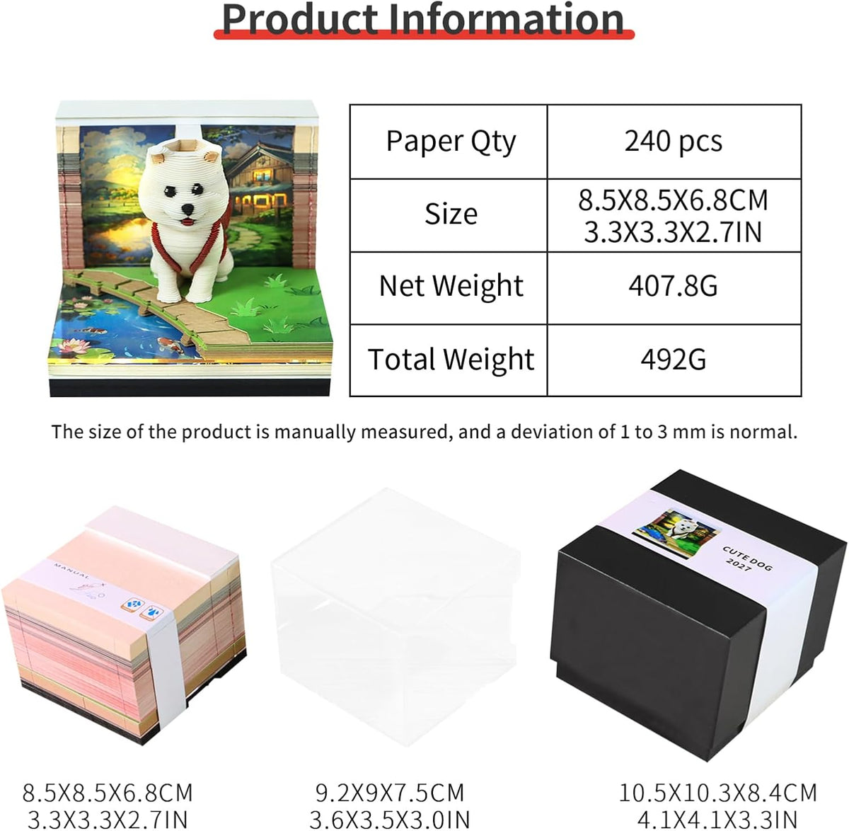3D Calendar 2027, Desk Time Piece Calendar 2027,Tear-Away 3D Paper Art Notepad w LED Lights,Creative 3D Memo Artsy Pad Calendars, DIY Paper Carving Gift (Backpack Dog)