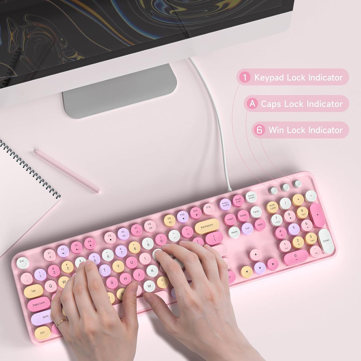 MOFII Computer Keyboard Wired,Round Key Retro Typewriter Keyboard Full Size