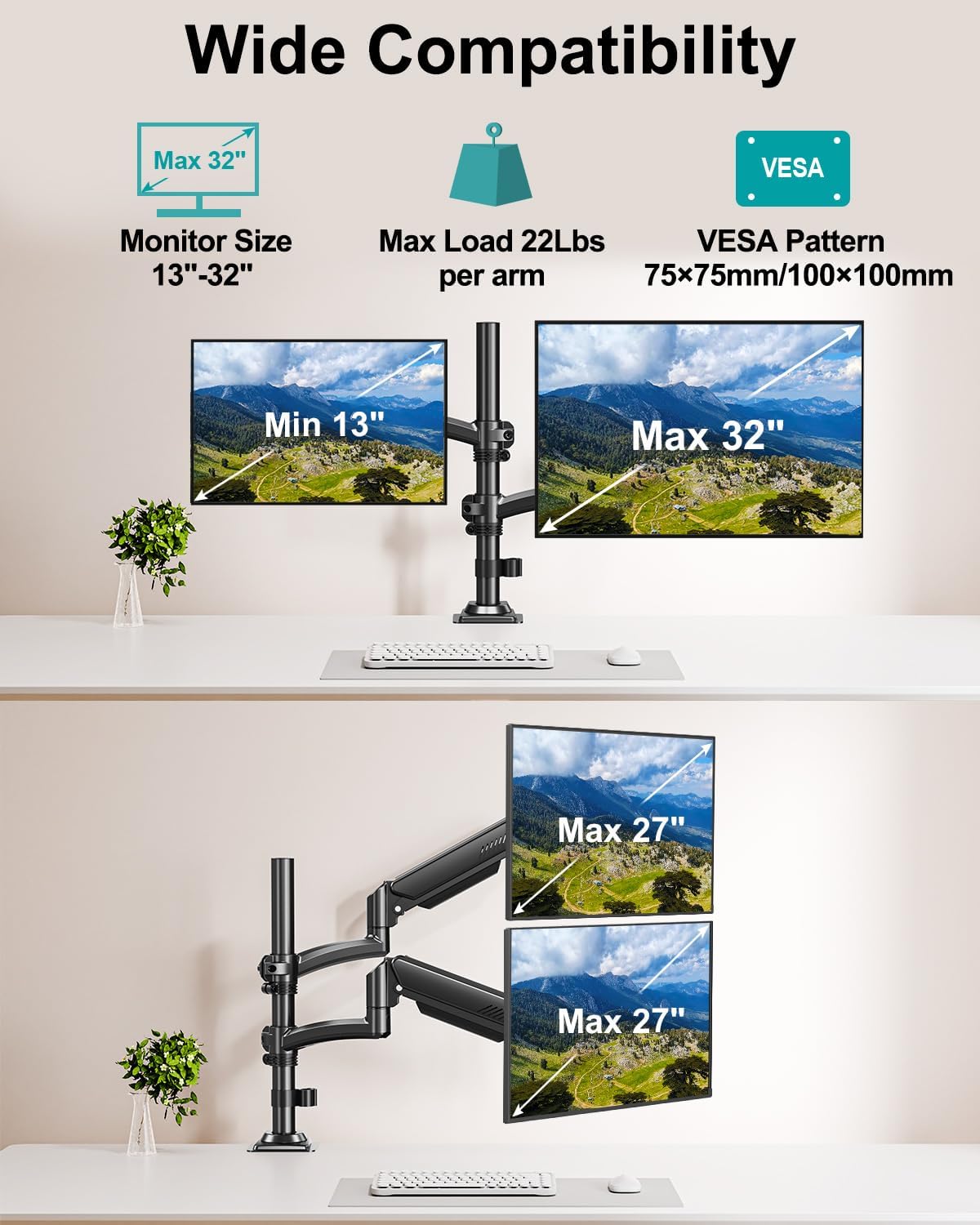 Dual Monitor Stand for 2 Screens up to 32 inch, Vertical Stacked Dual Monitor Mount, Full Motion Adjustable Tall Double Monitor Desk Mount, Each Arm Holds 4.4-22lbs, VESA 75/100mm, Black, Freelift
