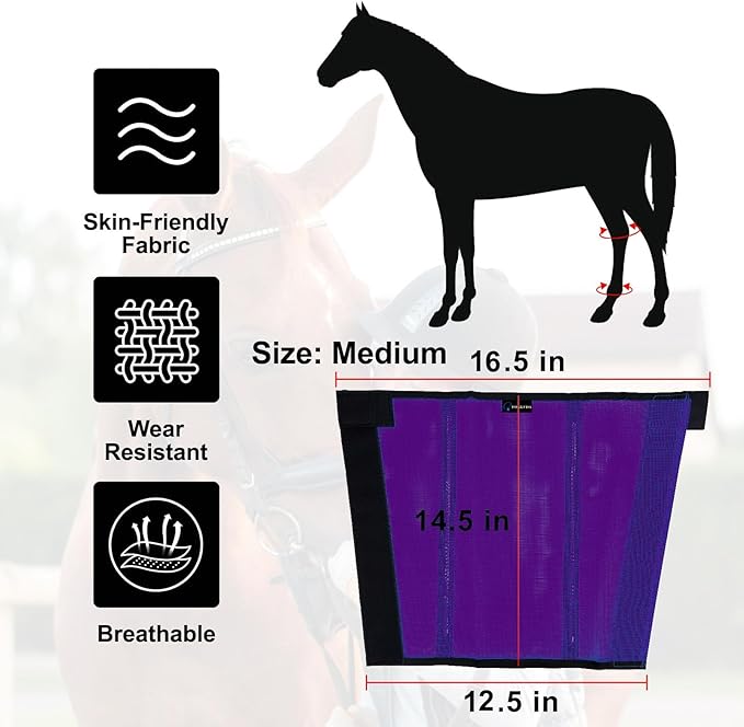 FOXLVDA Horse Fly Boots - Fly Boots for Horses Set of 4, Comfortable Horse Leggings, Mesh Material Design with Metal Support Bars for Reduces Stomping & Leg Fatigue (Purple, Medium)