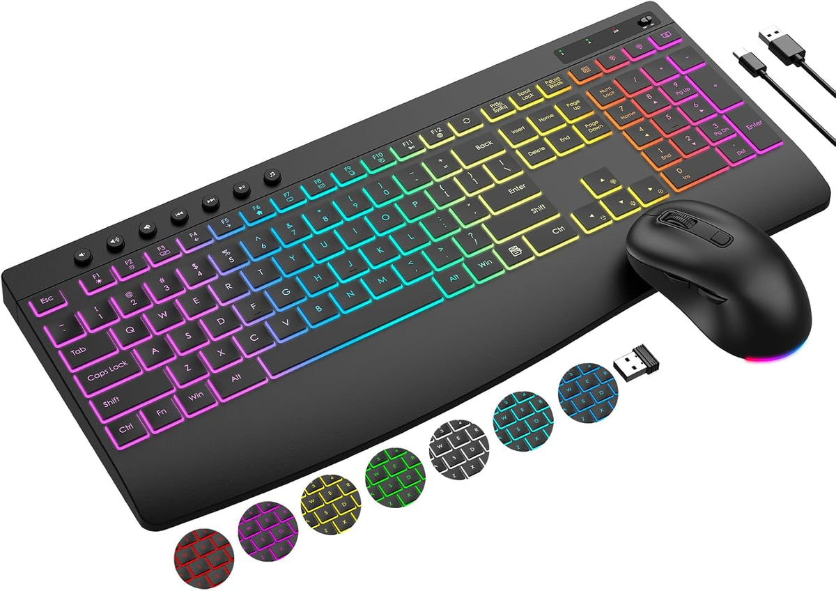 Wireless Keyboard and Mouse Combo, 9 Backlit Effects, 4000mAh Rechargeable Backlit Keyboard with Wrist Rest, 6 Button Mouse, 2.4G Full Size Quiet Keyboard Set for Computer, PC, Laptop, Mac, Windows