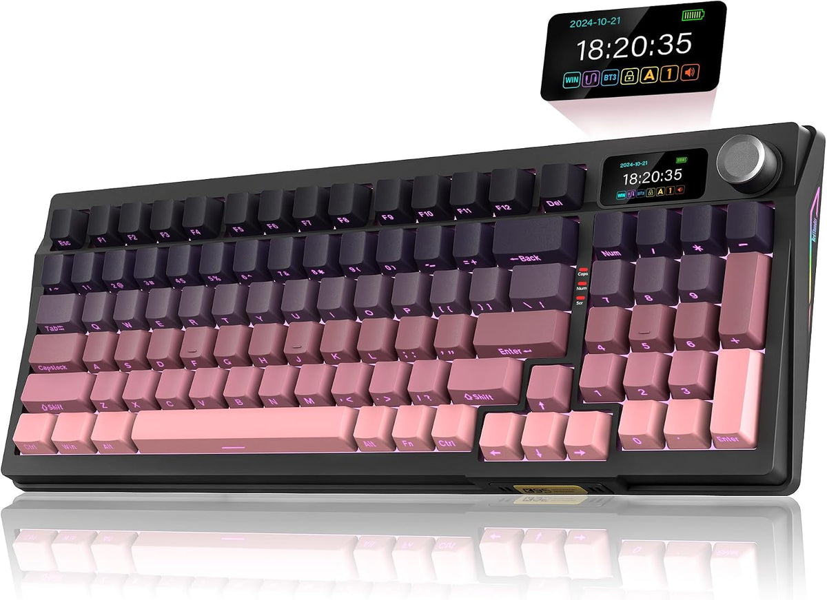 RedThunder K95 Wireless Mechanical Keyboard,TFT Screen & Knob, Trip-Modes Connection, Gasket Custom Hot-Swap Keyboard, RGB Backlit, Pre-lubed Linear Switches, Side Printed PBT Keycaps, Gradient Pink
