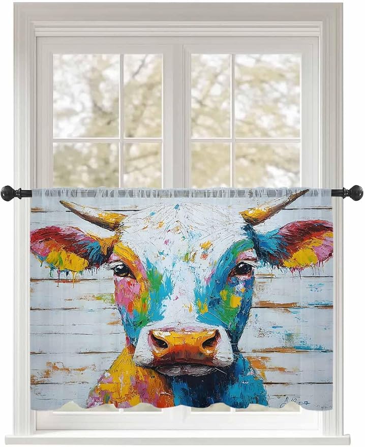 Sheer Curtains 45 Inch Length, Funny Colorful Cow Semi Sheer Curtains Light
