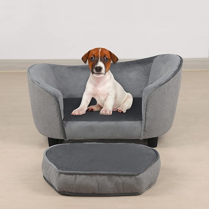 Getifun Pet Sofa Bed, Velvet & Linen Fabric Pet Couch Chair with Removeable & Washable Cushion for Small Dogs Cats (Light Gray)
