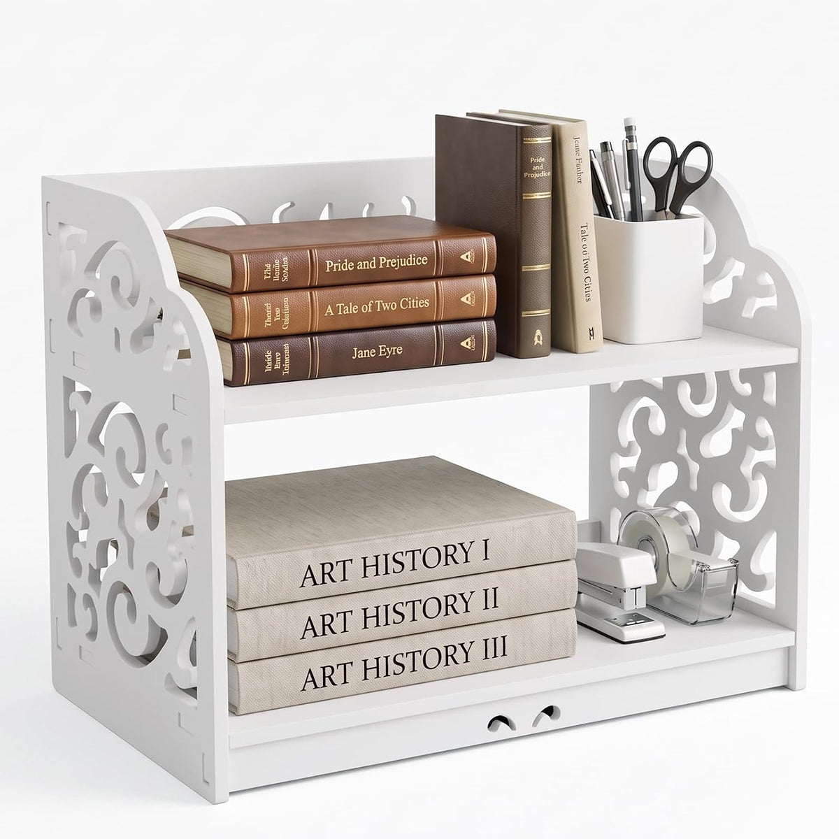 MyGift 2 Tier White Desktop Bookshelf Organizer with Scrollwork Design
