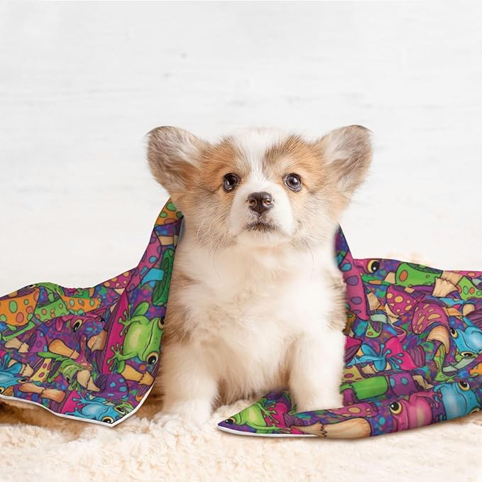 Reversible Plush Dot Pet Blanket for Dogs and Cats, Watercolor Frogs Trippy Mushroom Cartoon, Ultra Soft Two Sided Design with Warm Fuzzy Side and Smooth Side for Comfort