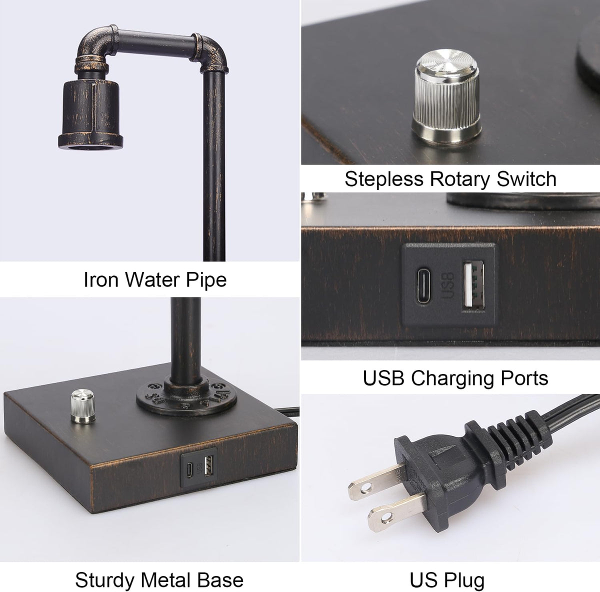 Industrial Table Lamp, Vintage Bedside Lamp with USB C and USB A Charging Ports, Dimmable Steampunk Office Lamp Metal Pipe Edison Reading Lamps for Bedroom, Dorm, Farmhouse Decor 6W LED Bulb Included