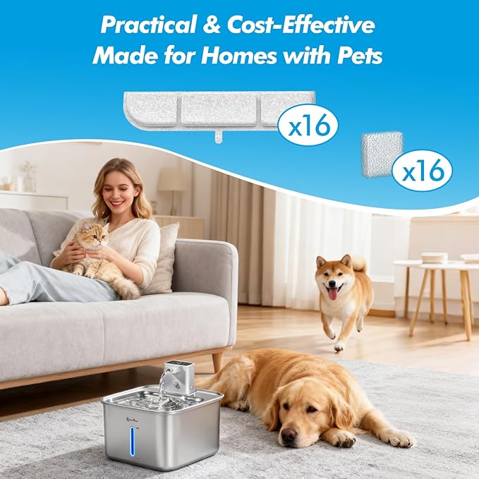 Cat Water Fountain Filter, Eyehoce 32 Pack Replacement Filters for DownyPaws Battery Operated Pet Fountain 84oz/2.5L Wireless Dog Cat Water Dispenser DPWFP6 Filter Set (16 Filters & 16 Sponges)