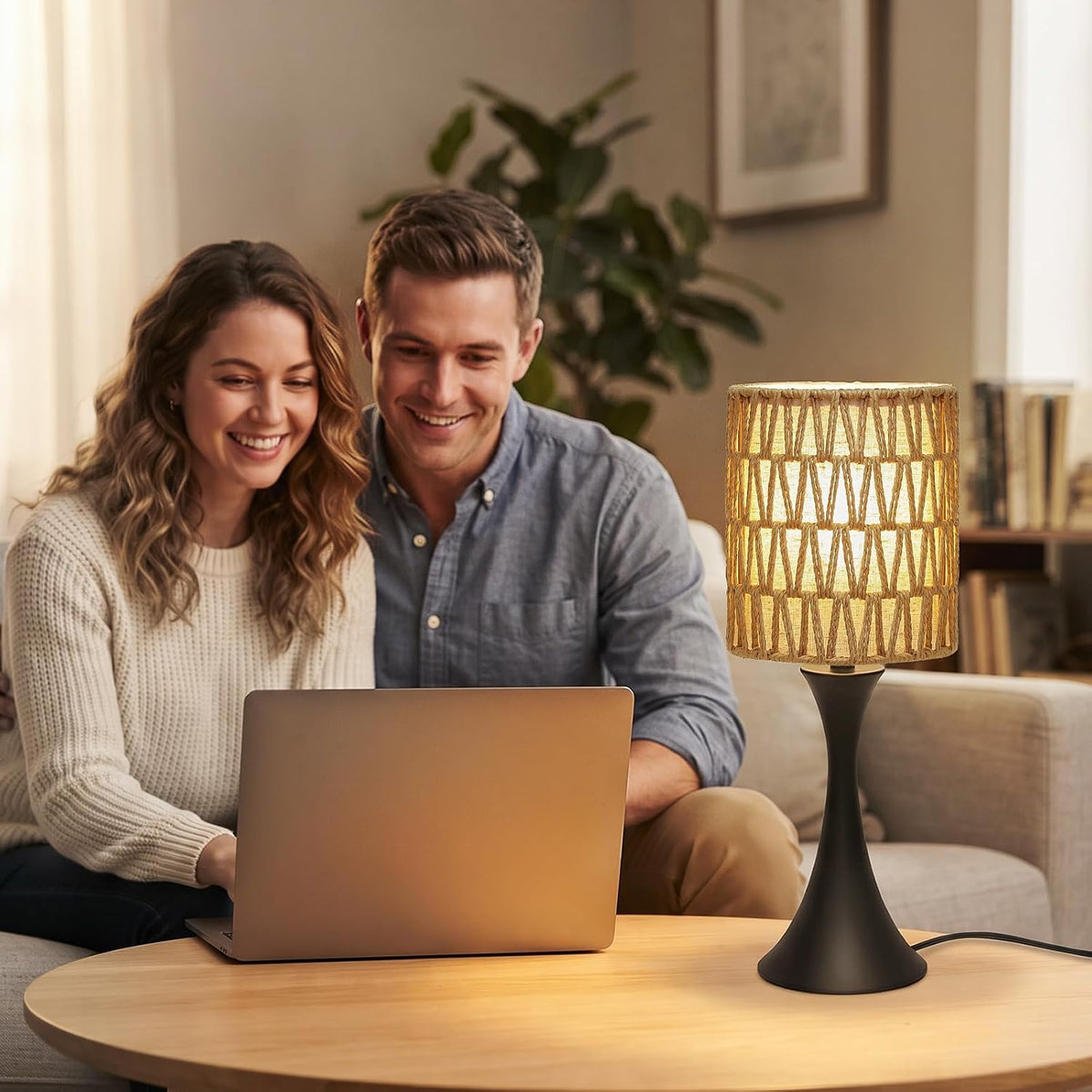 Rattan Table Lamp, 3 Way Touch Control Bedside Lamp with Dual-Layer Shade