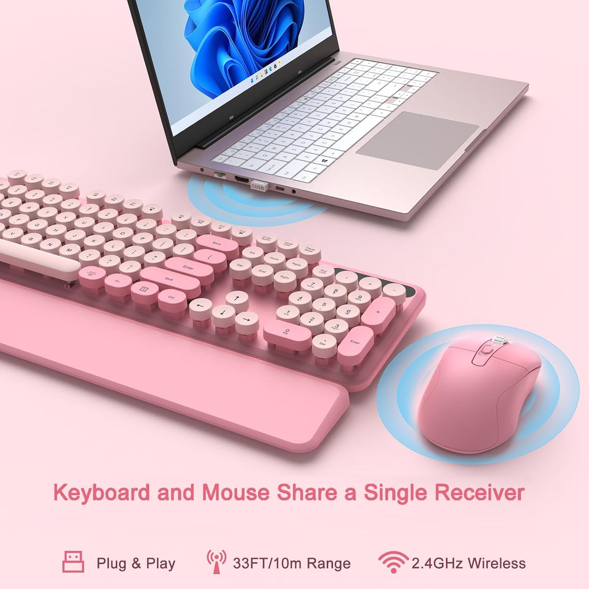 Pink Wireless Keyboard and Mouse Combo, Magnetic Wrist Rest, Round Keycap