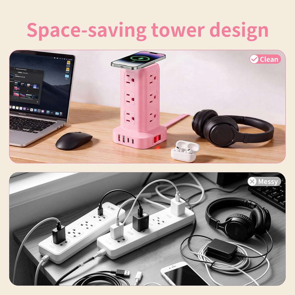 Extension Cord with Multiple Outlets, SMALLRT Outlet Extender with 12 AC Outlets 4 USB, 6.5FT Power Strip Tower for Home Office Supplies, Pink