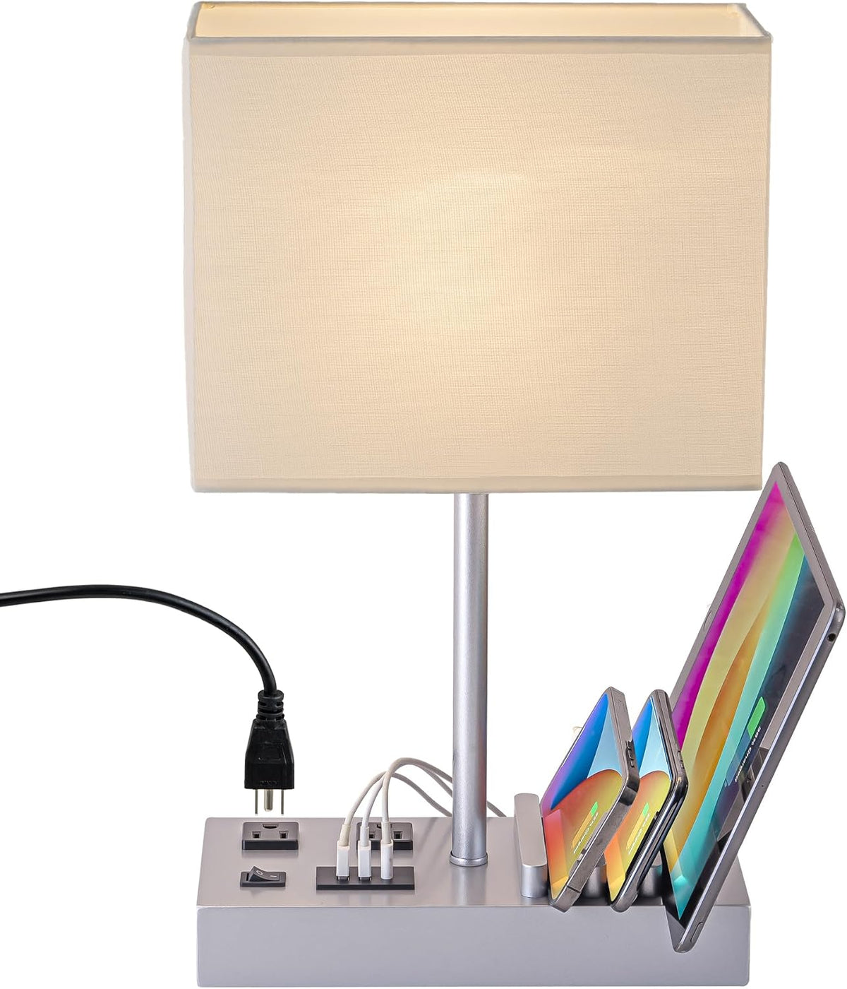 Briever USB Table Lamp, Multi-Functional Desk Lamp with 2 AC Outlets, Bedside Lamp with 3 USB Charging Ports and Wooden Phone Stands, Nightstand Lamp for Bedroom, Livingroom, Office, Silver Woodgrain