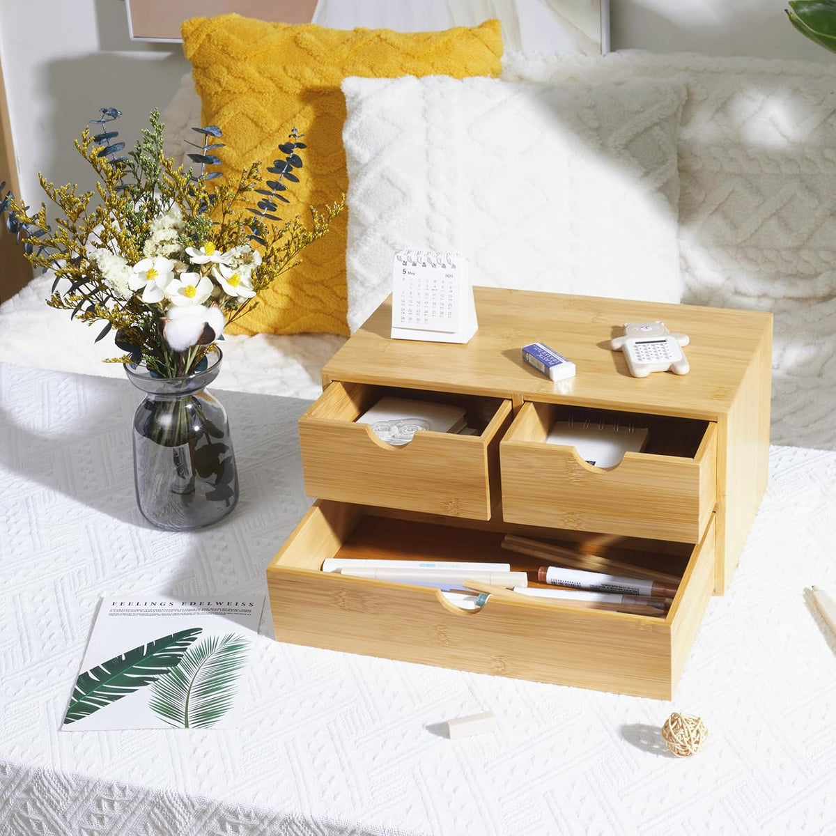 Charmewooden Bamboo Desk Organizer with 3 Drawers, Countertop Organizer with Drawers Makeup Storage Drawer 3 Drawers Tabletop Storage Organization Box Home Office Workspace