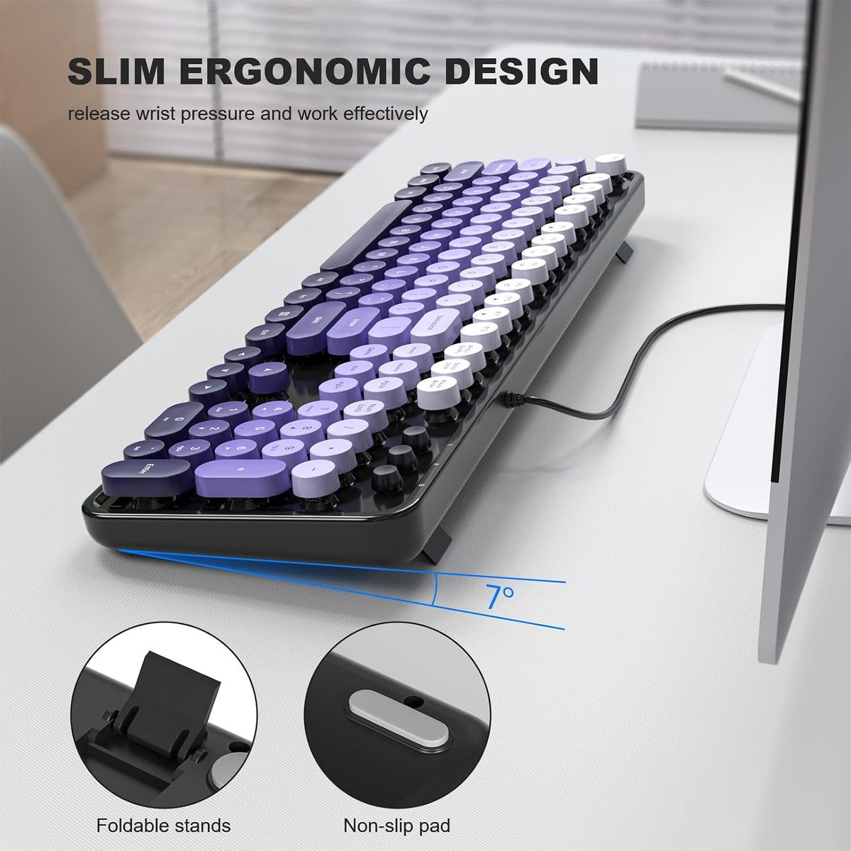 MOWUX Computer Keyboard Wired, Plug and Play USB Retro Round Typewriter Keyboard, Full Size Wired Keyboard with Foldable Stands for Laptop and Office PC- Black Purple Gradient