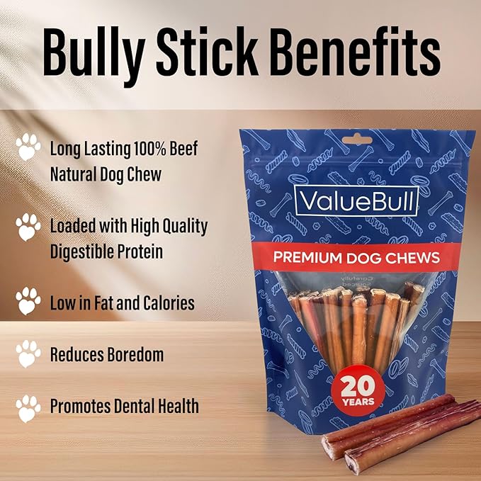 ValueBull Bully Sticks for Large Dogs, Super Jumbo 6 Inch, 25 Count - All Natural, Grass Fed, Single Ingredient, Long Lasting Dog Treats for Aggressive Chewers