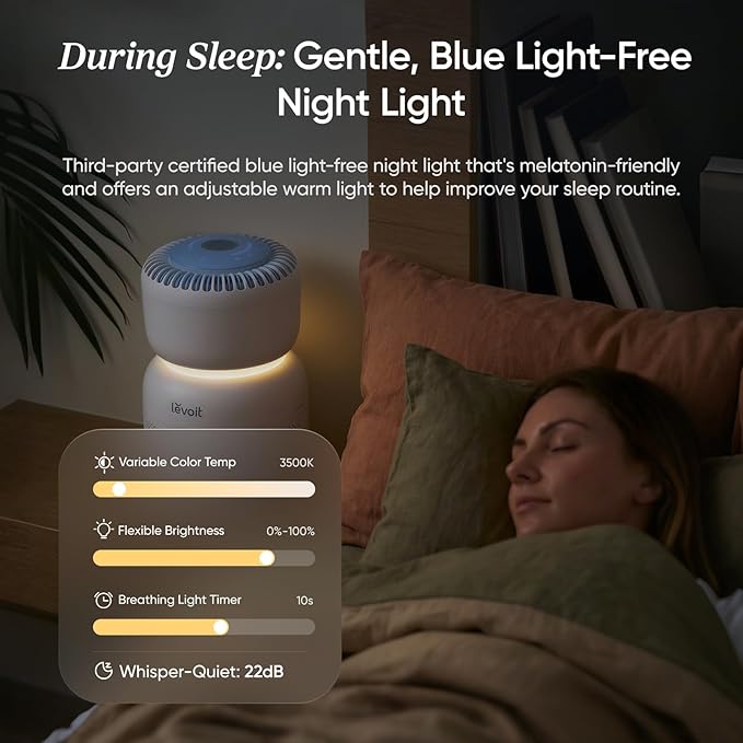 LEVOIT Air Purifier for Home Bedroom with HEPA Filter, White Noise Sound Machine and Blue Light-Free Night Light Support Better Sleep, AHAM VERIFIDE, 5 Air Quality Monitor, Smart WiFi, Sprout