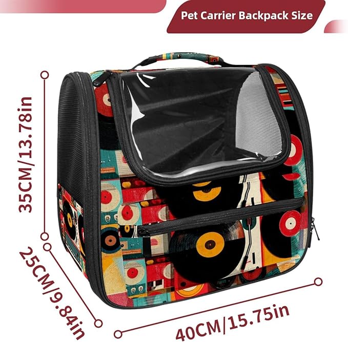 Color Record Player Pattern Traveler Backpack Pet Carriers for Cats and Dogs