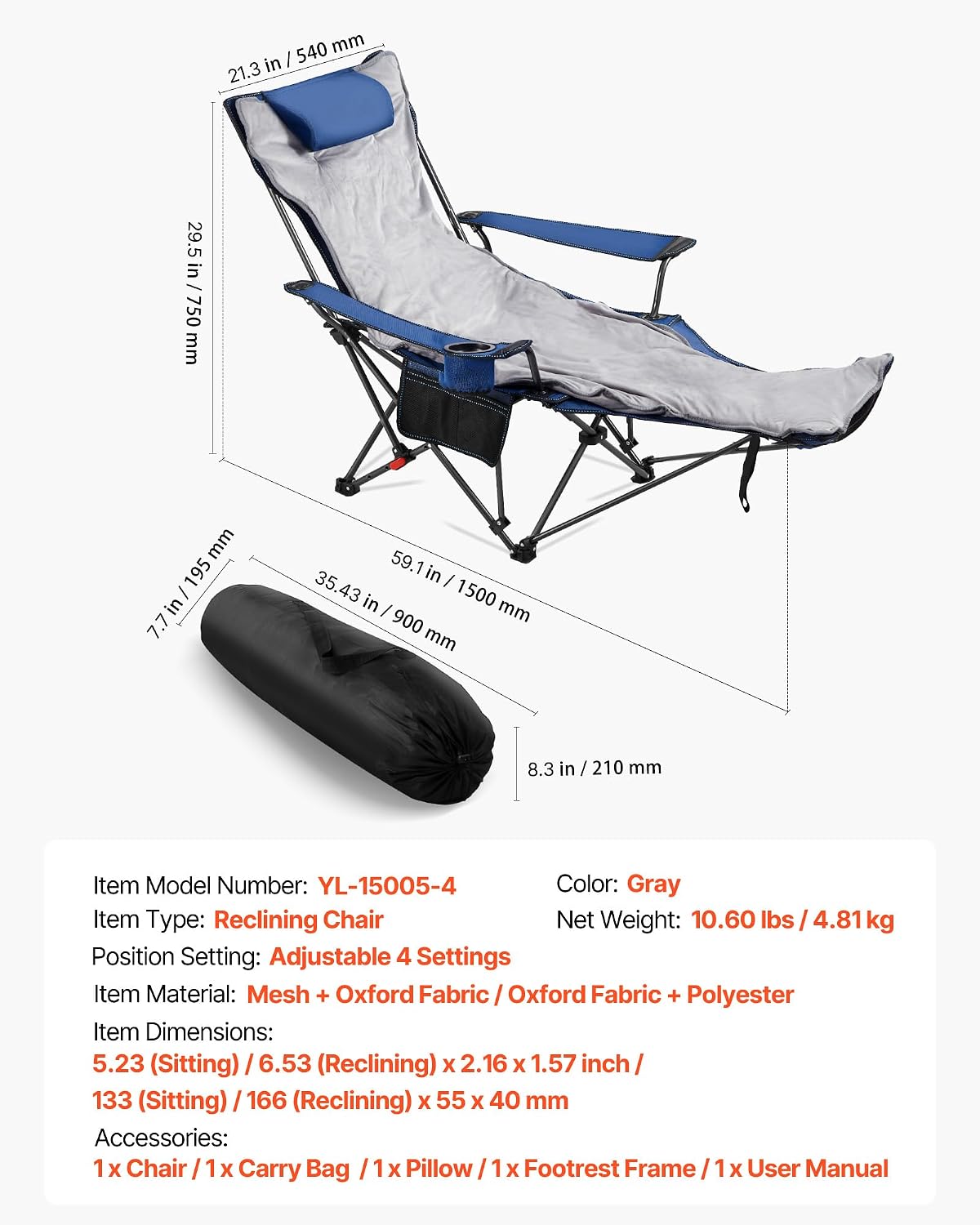 VEVOR Reclining Camping Chair, 4 Adjustable Positions, Portable Folding Lounger for Adults, Mesh Beach Chair with Footrest & Plush Cushion, Supports 220 lbs, Heavy Duty Camp Chairs for Patio, Blue