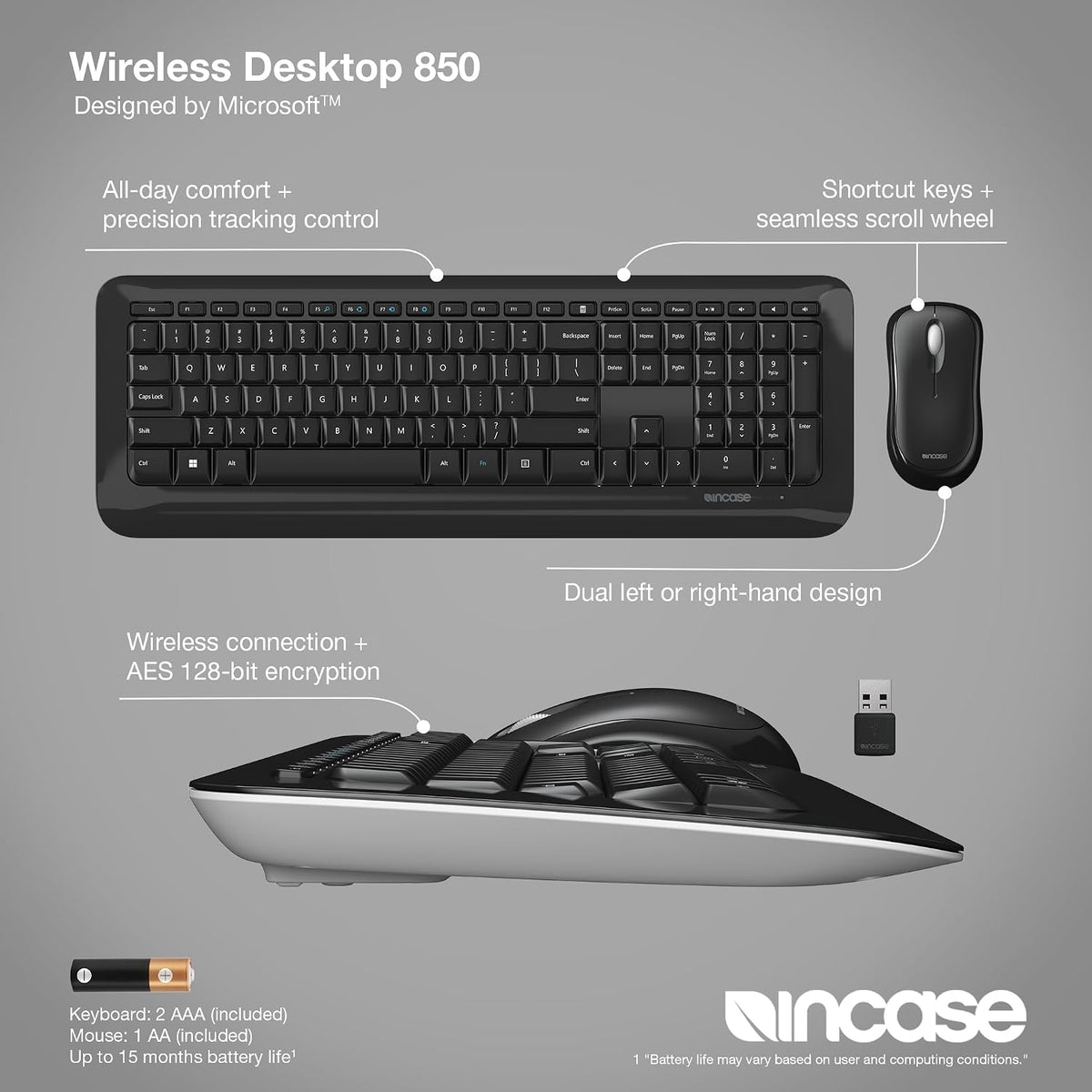 Incase Desktop 850 Keyboard & Mouse Combo – Designed by Microsoft –Wireless Connection, Precision Tracking, Wireless AES 128-Bit Encryption, Windows Shortcut Keys, Ambidextrous Design – Black