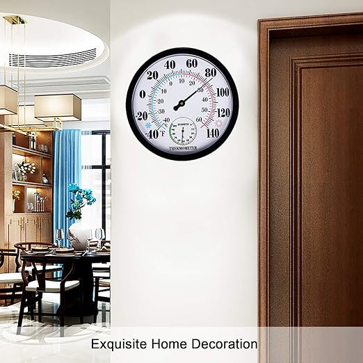 Indoor Outdoor Thermometer Large Wall Thermometer-Hygrometer Waterproof Does not Require Battery (Black)