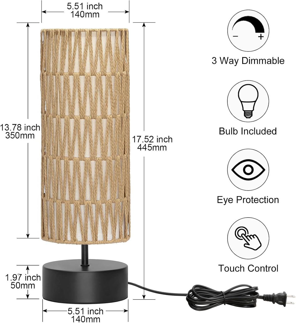 Rattan Table Lamp, Touch Control Bedside Table Lamp with Black Base, 3 Way Dimmable Nightstand Lamp with Dual-layer Shade, Boho Night Light for Bedroom Living Room Home Office, 9W LED Bulb Included