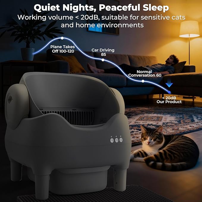 Automatic Cat Litter Box: Self Cleaning Litter Box for Multiple Cats, 10L Waste Drawer with Ultra Quiet Operation, Open Top Design for Multi-Cat Households, Grey