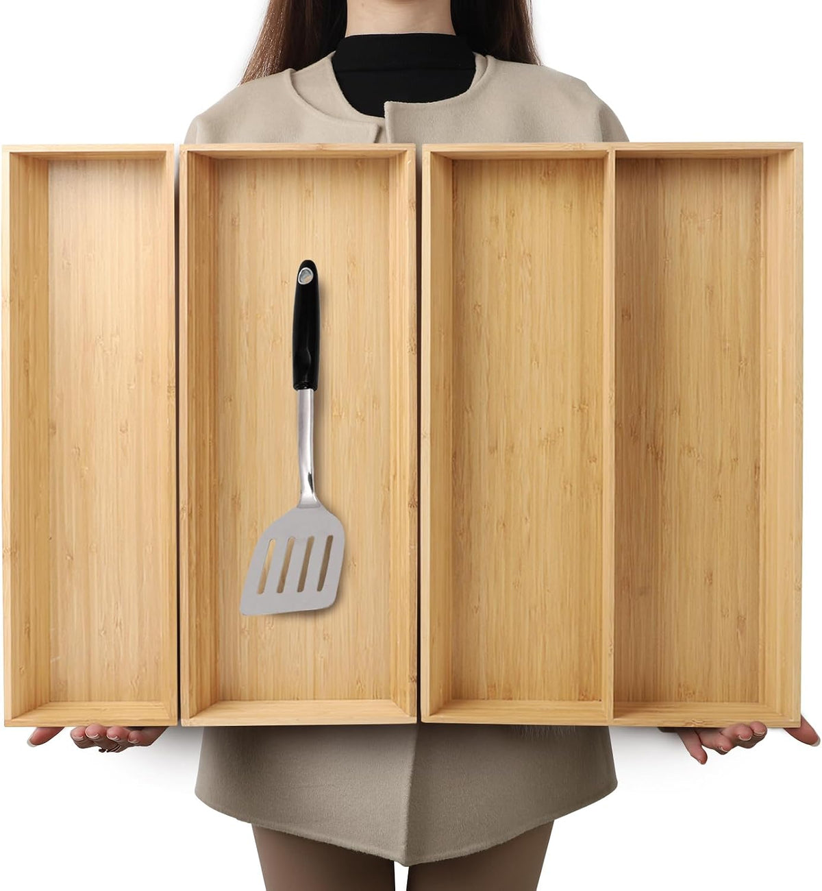 BAMOTTO CRAFTBAMBOO Large Long V-Shaped Bamboo Drawer Organizer Set of 3
