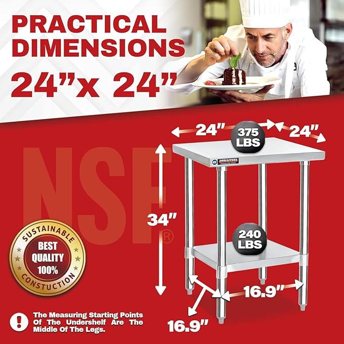 DuraSteel 24x24 Stainless Steel Work Table - NSF Commercial Prep Metal Table - Outdoor Pizza Oven Stand w/Under Shelf - Kitchen Island Laundry Utility Garage Microwave Stand Large Rolling Storage Cart