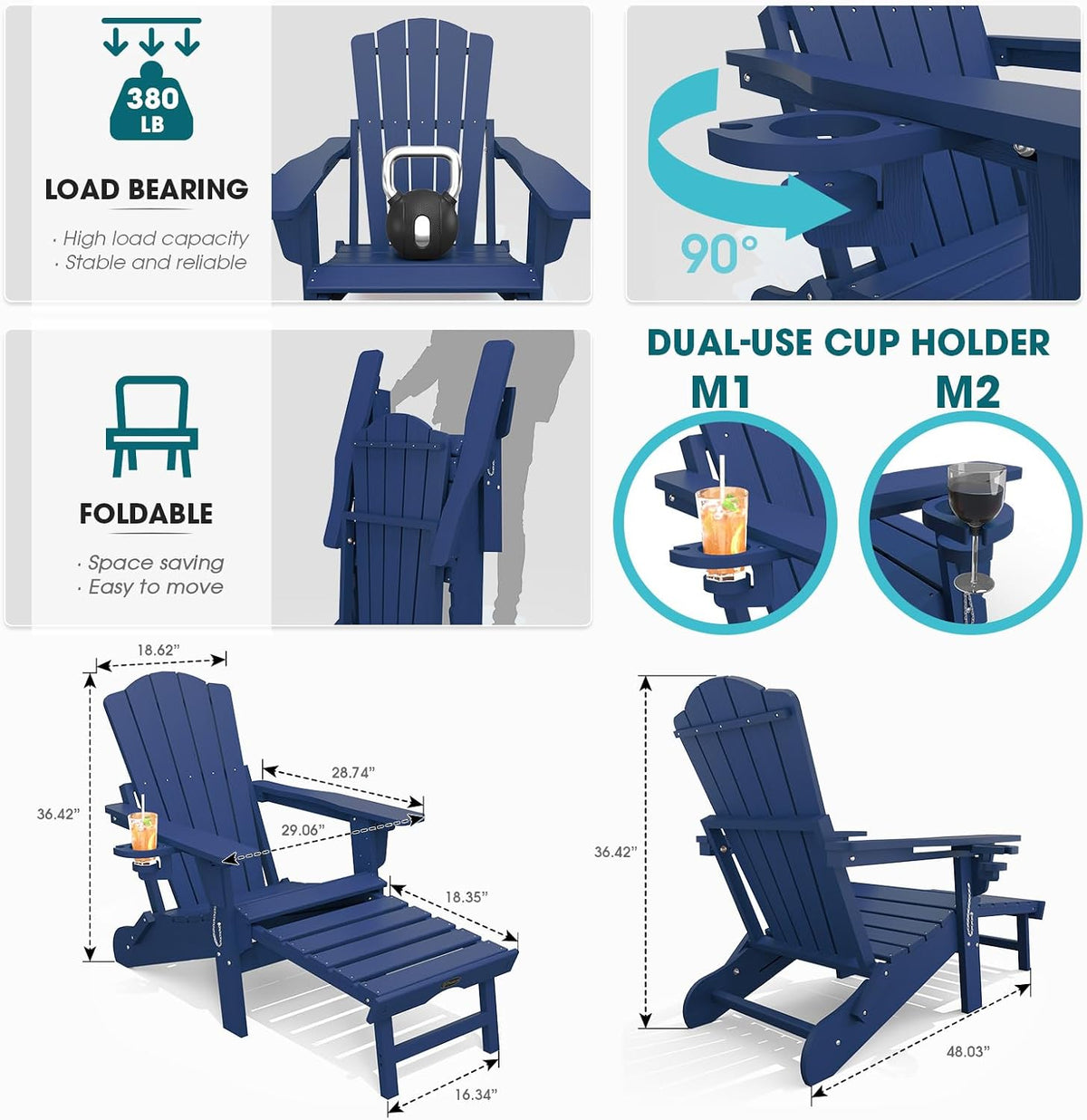 THOEOE Adirondack Chairs with Footrest, Folding HDPE Chairs