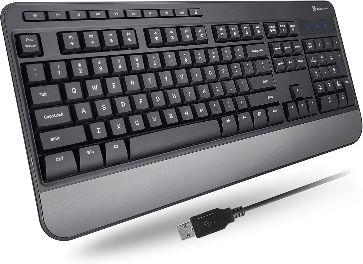 X9 Wired Ergonomic Keyboard - Comfortable Typing - Ergonomic Full Size USB Keyboard with Wrist Rest, Number Pad, Multimedia and 114 Keys - External Computer Keyboard for Laptop, Desktop and Office PC