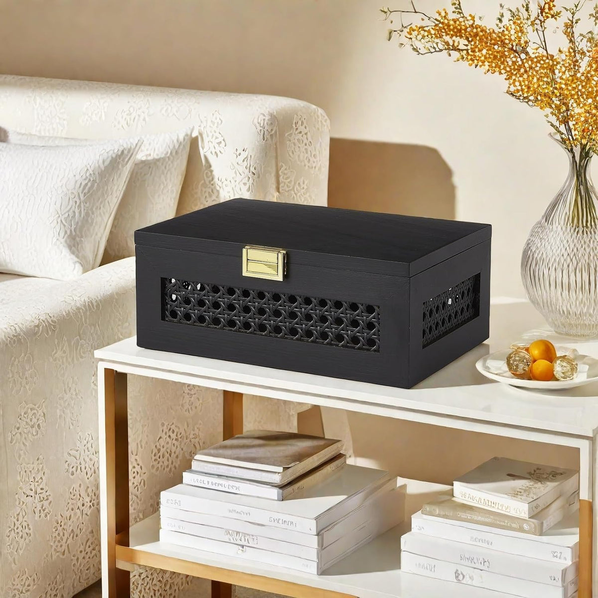 Decorative Rattan Storage Boxes Baskets with Lid Wooden Frame