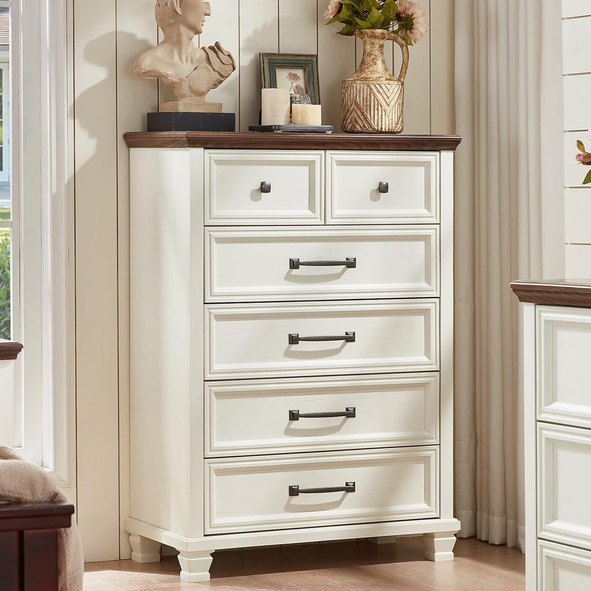SAVOR LIFE Farmhouse 6 Drawer Dresser for Bedroom, 45 Inch Tall Vintage Wood Chest of Drawers, Rustic Dressers w/Square Wooden Legs, Mid-Century Storage Organizer for Living Room, Hallway, White