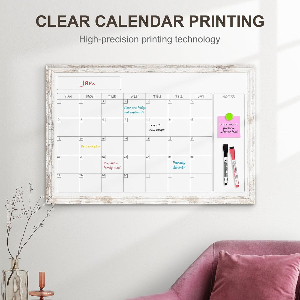 Monthly Dry Erase Calendar Whiteboard for Wall, 36"x24", Rustic Wood Frame