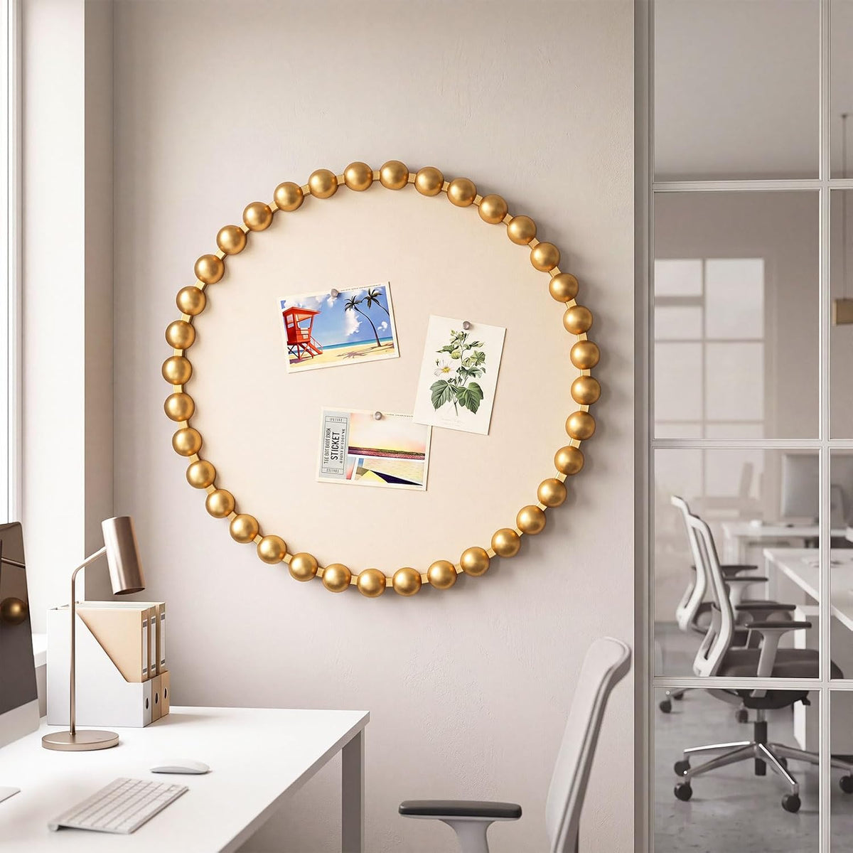 24 Inch Gold Bulletin Board, Beaded Frame Linen Fabric Pin Board