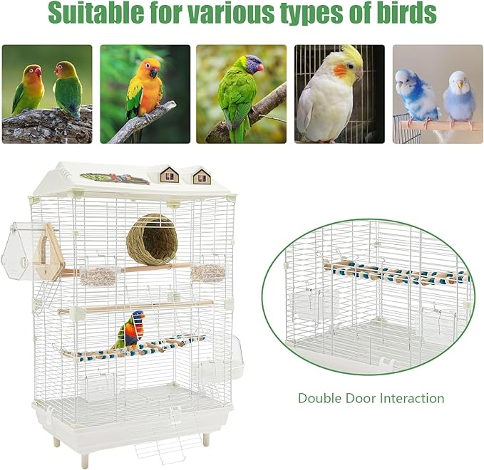 Two-Tier Bird Cage White Large Birdcage with Stand Food Containers Flight Cage for Parrot Lovebirds Finches Canaries Pigeons Parakeets Cockatiels