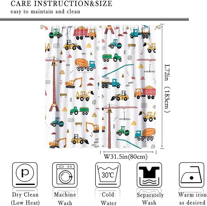 Construction Window Curtains, Kids Cartoon Construction Machines Building Hand