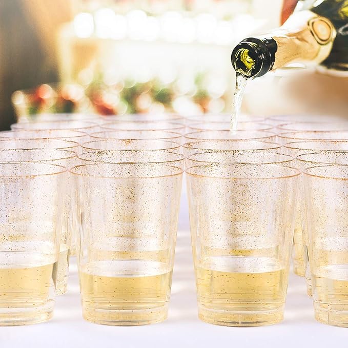 JOLLY CHEF 100 Pack 14 oz Gold Disposable Gold Glitter Plastic Cups Party Cups