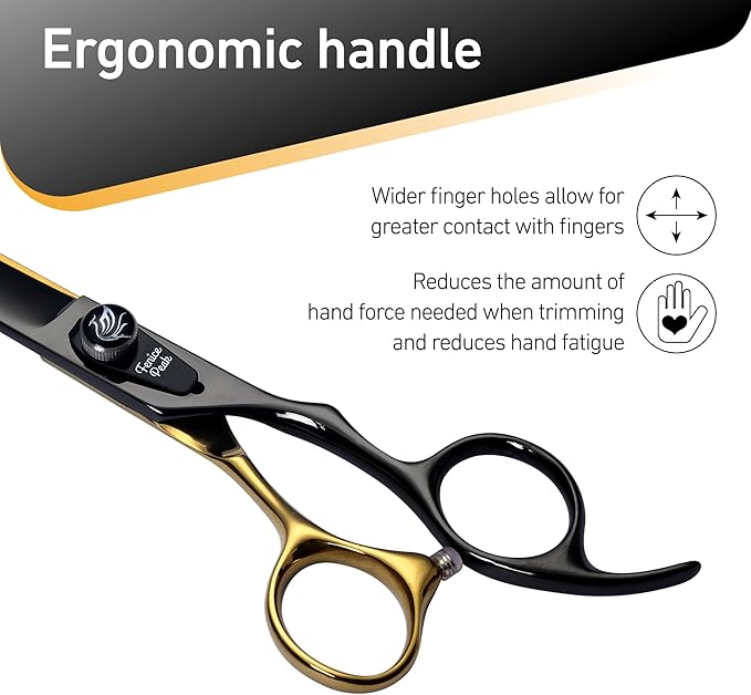 Fenice Peak 8'' Black Dog Grooming Scissors Goldern Curved Scissors with Ergonomic Offest Handle and Pattern Screw Pet Grooming Trimming Shears Durable and Sharp 440C