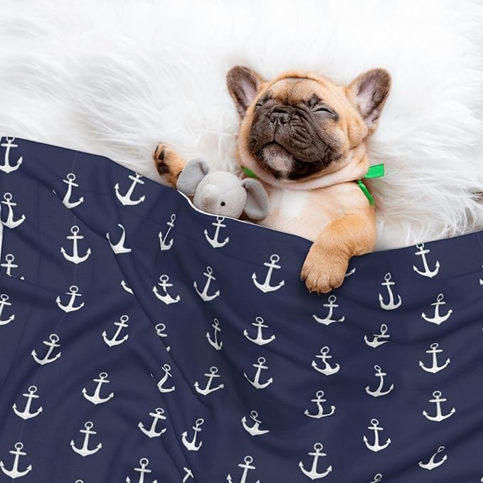 Double Sided Pet Throw for Dogs Who Shed, Nautical Anchor Navy, Reversible Blanket with Nubby Dot Side Catches Loose Fur for Easier Furniture Cleanup